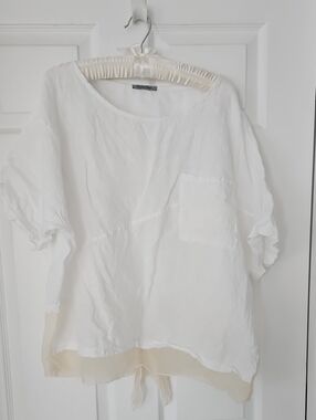 Relaxed White Linen Blend Top with Sheer Cream Contrast Hem
